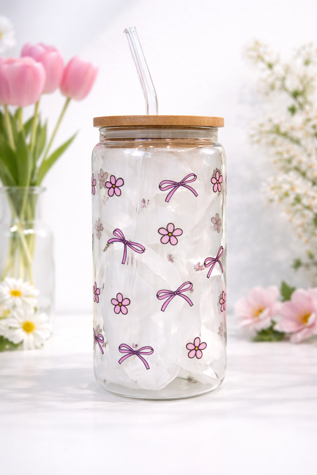 Cat Tea Party2 Double Side Print Glass Tumbler + Lid & Straw 3