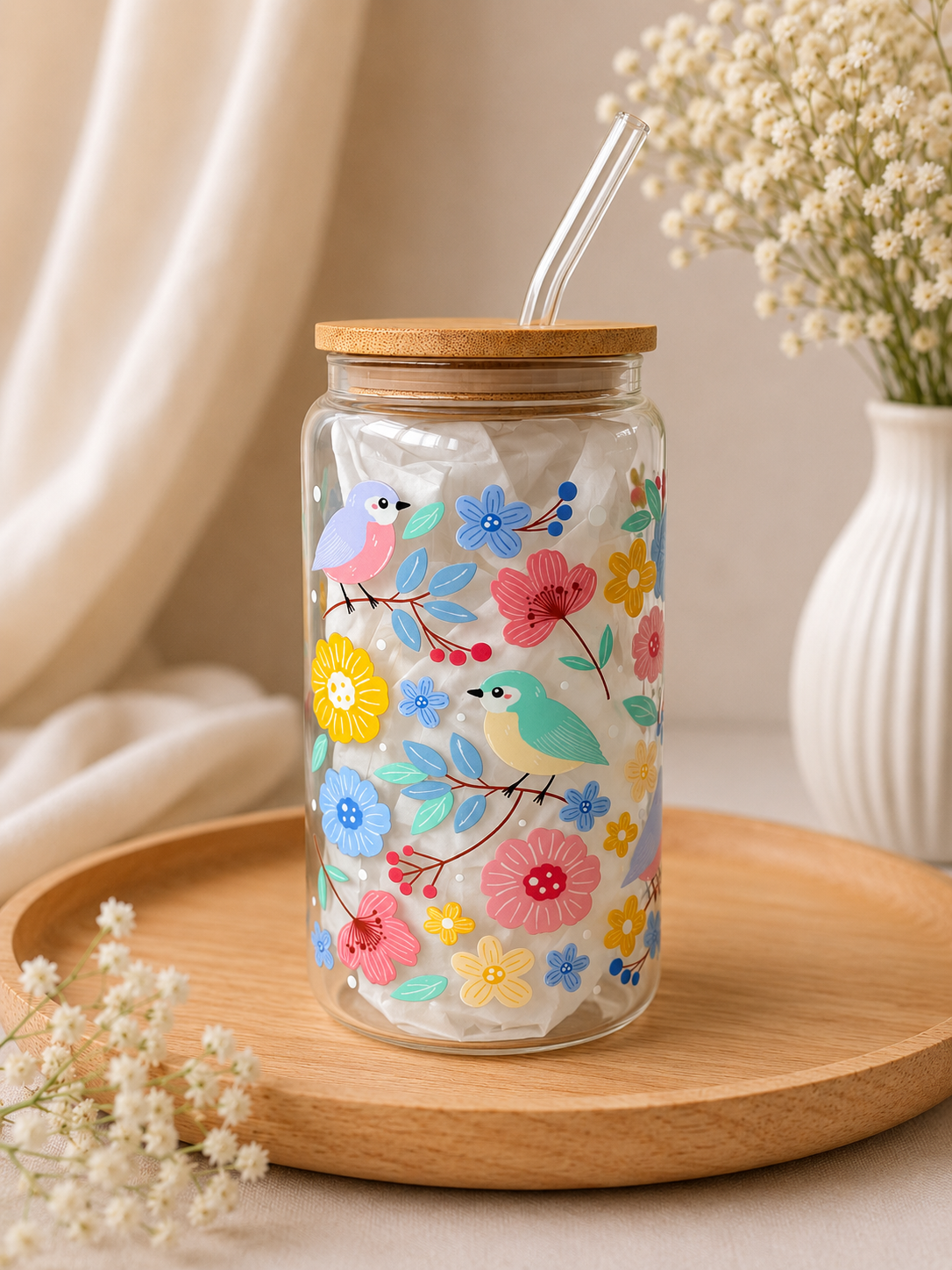 Mint Birds Double Sided Glass Tumbler with Lid and Straw