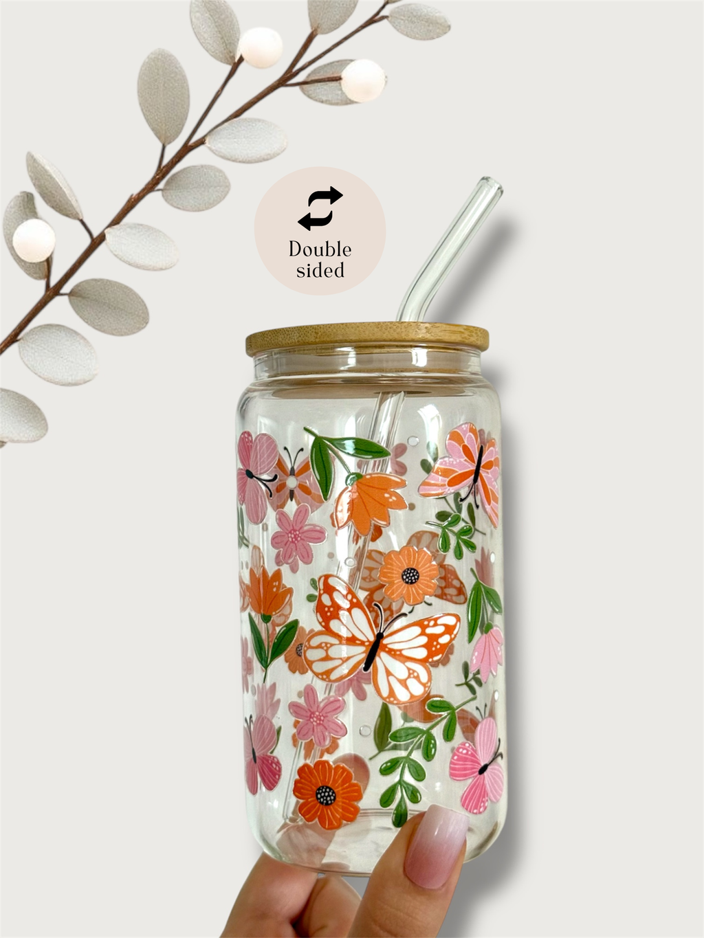 Butterfly Garden Glass Tumbler Double Sided Print with Lid and Straw 3