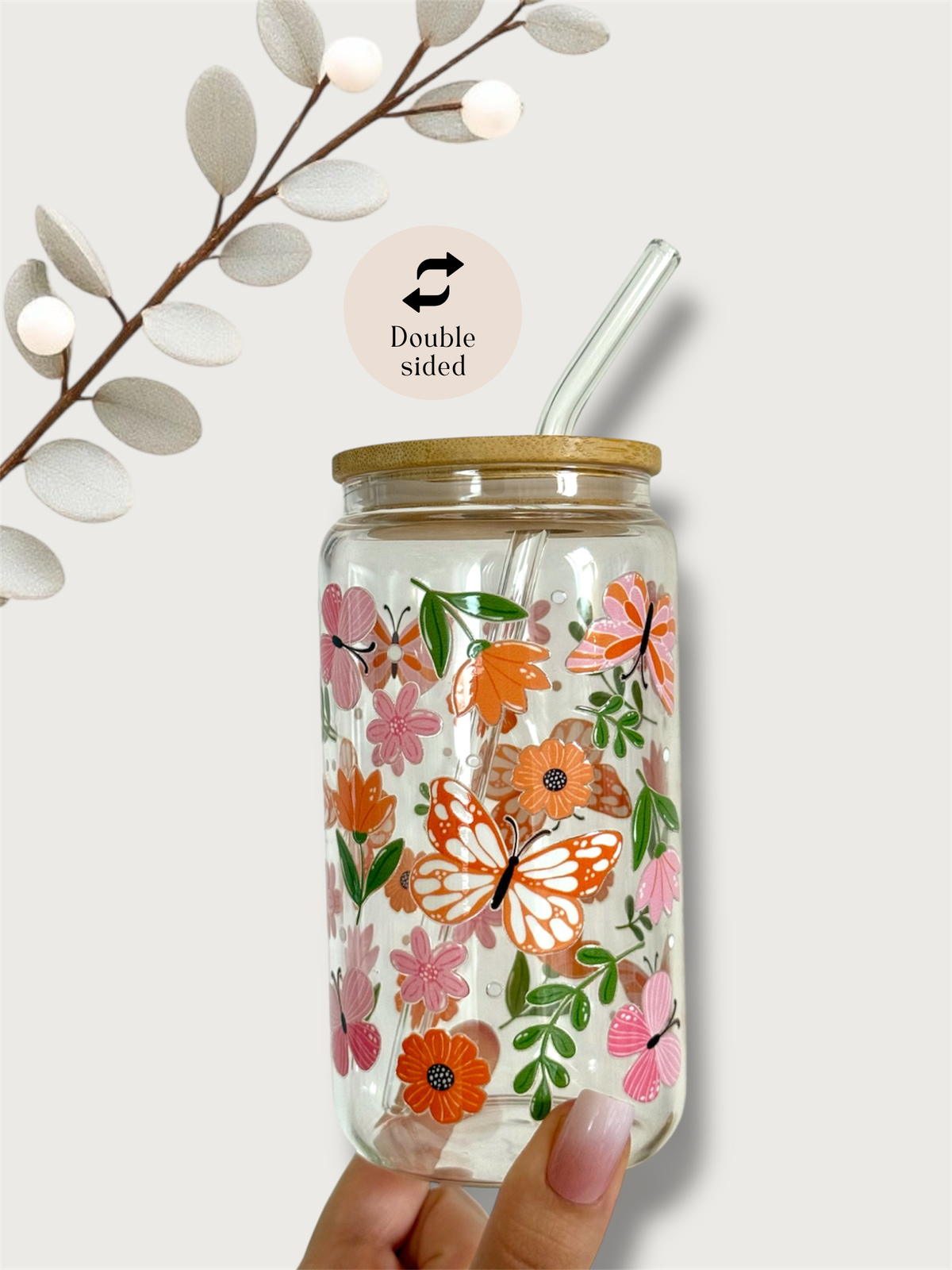 Butterfly Garden Glass Tumbler Double Sided Print with Lid and Straw 3