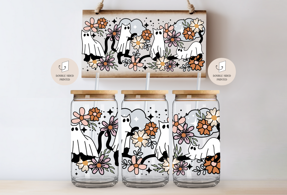 Floral Cat Ghosts Halloween Glass Tumbler Lid & Straw / Fall 2