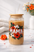 MAMA flowers Double Sided Glass Tumbler with Lid & Straw