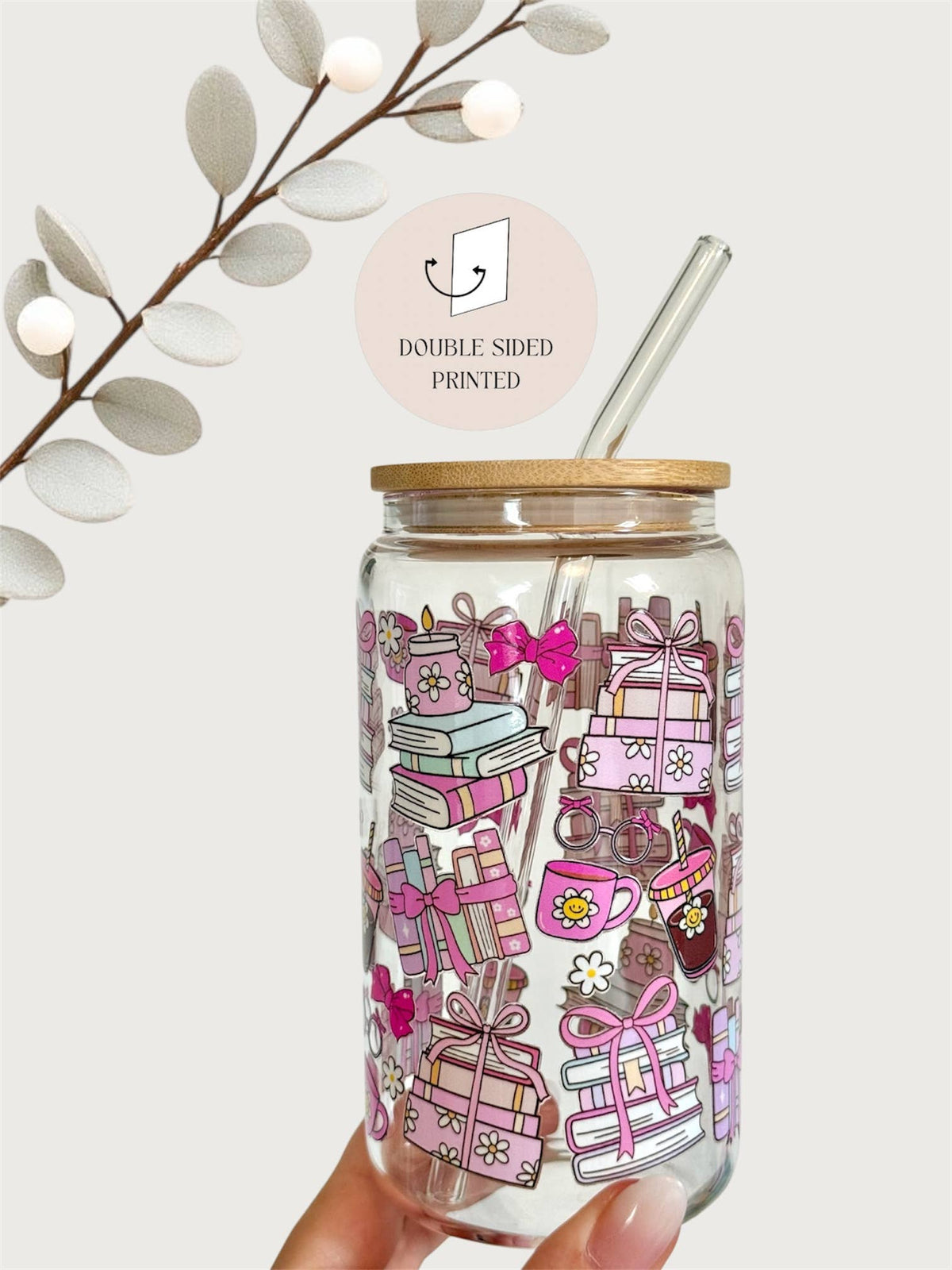 Glass tumbler Coquette Books double sided with lid and straw 2