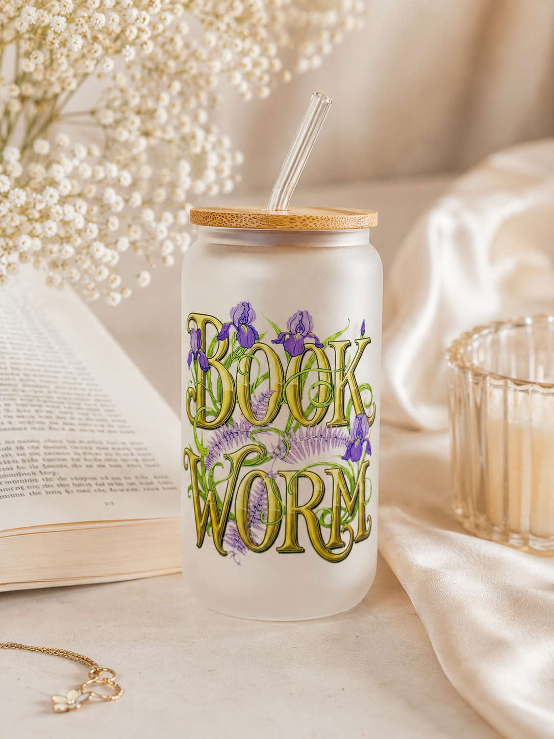 BOOKWORM Frosted Glass Tumbler + Lid & Straw, Dish.Safe