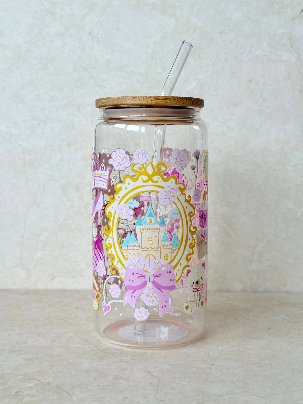 Princess Castle Double Sided Glass Tumbler + Lid & Straw 3