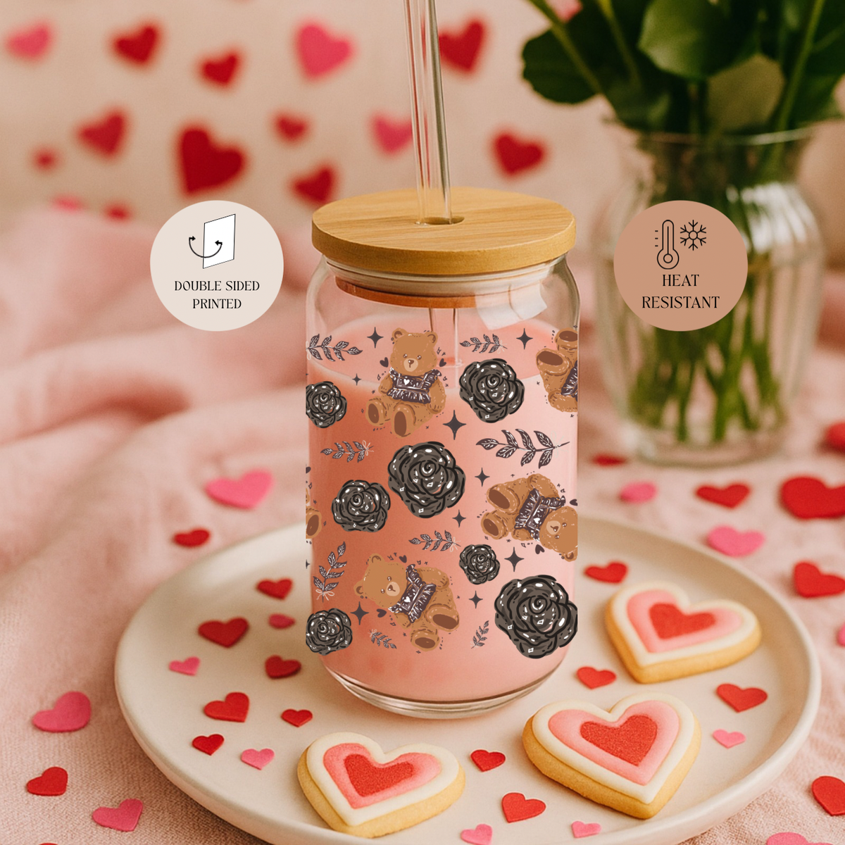 Noir Teddy Bear & Roses Double Sided Glass Cup + Lid & Straw 4