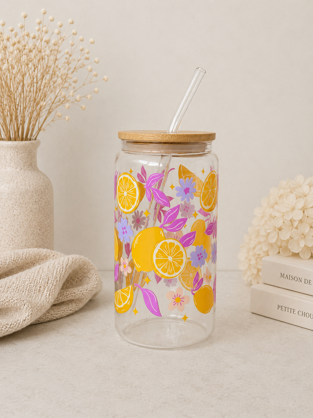 Fruity Summer Double Side Print Glass Tumbler + Lid & Straw 3
