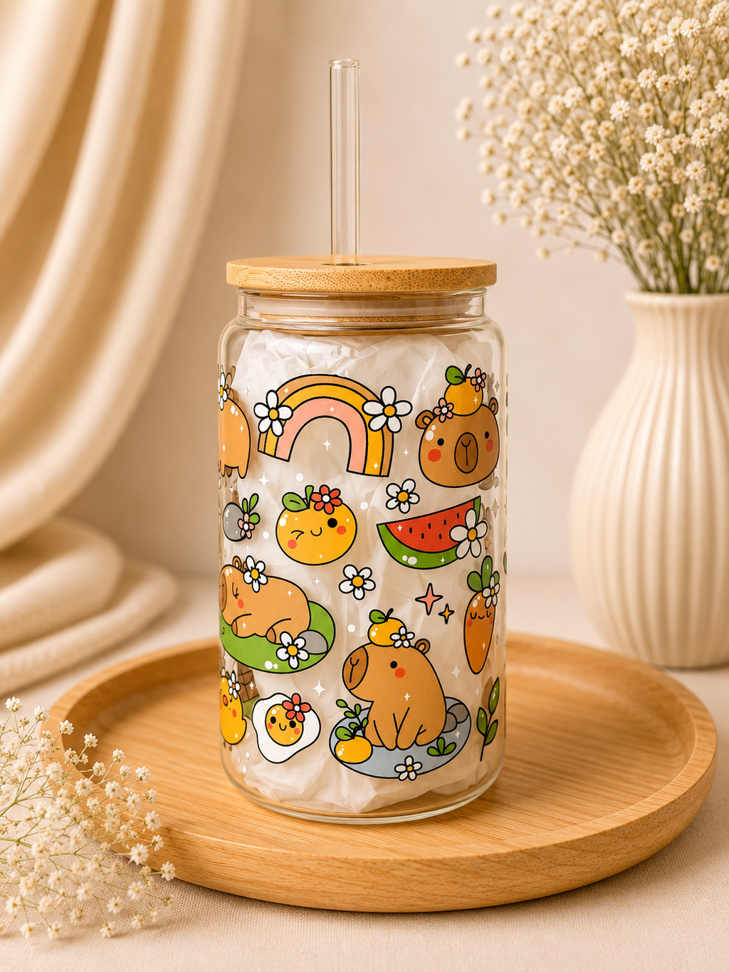 Sunny Capybara Double Sided Glass Tumbler + Lid & Straw