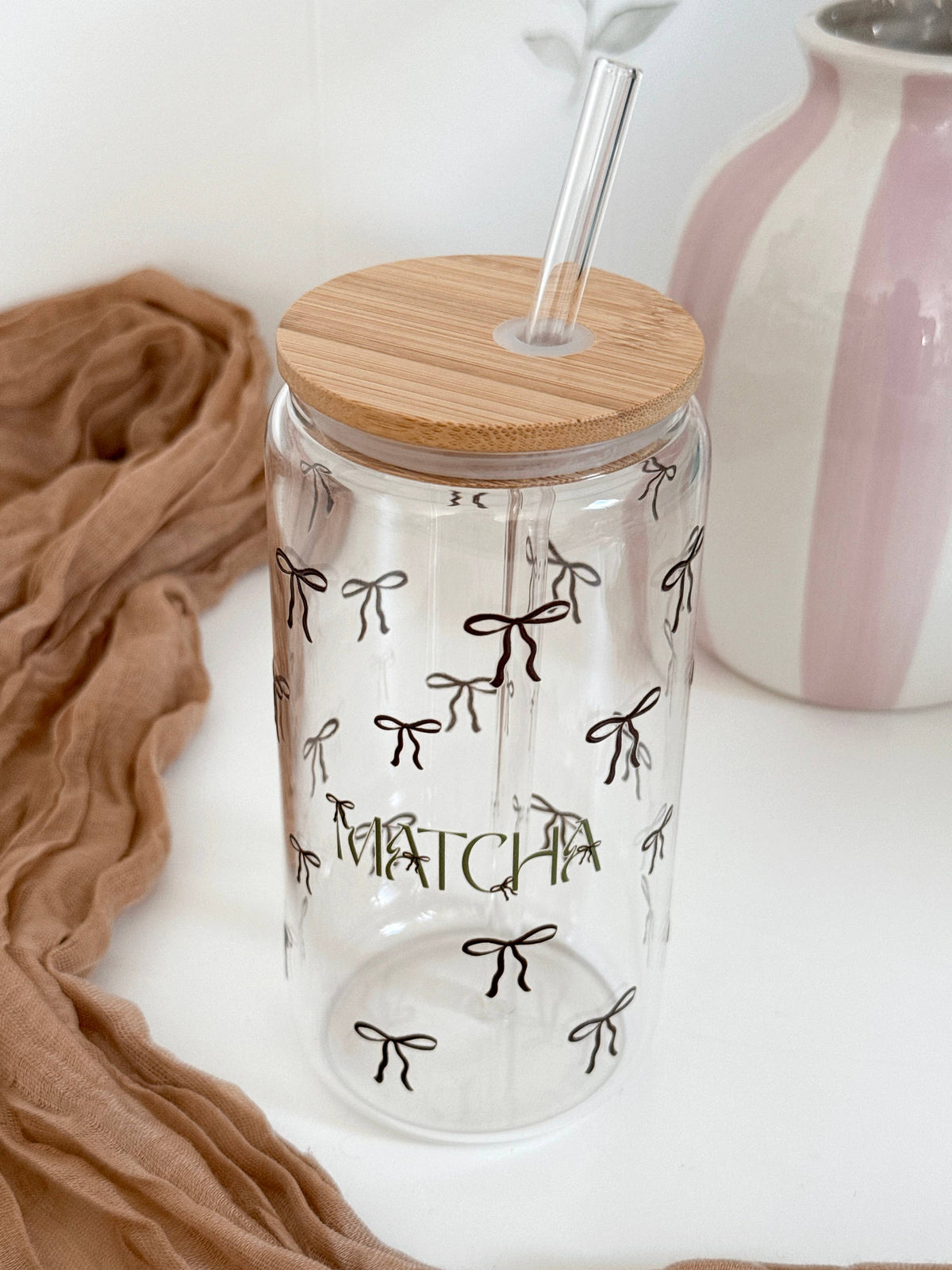 Matcha Bows Double Sided Glass Tumbler + Bamboo Lid & Straw 6