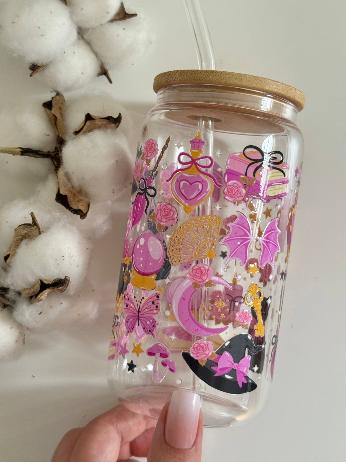 Witchy Cat Glass Tumbler Double Sided Print with Lid and Straw 7