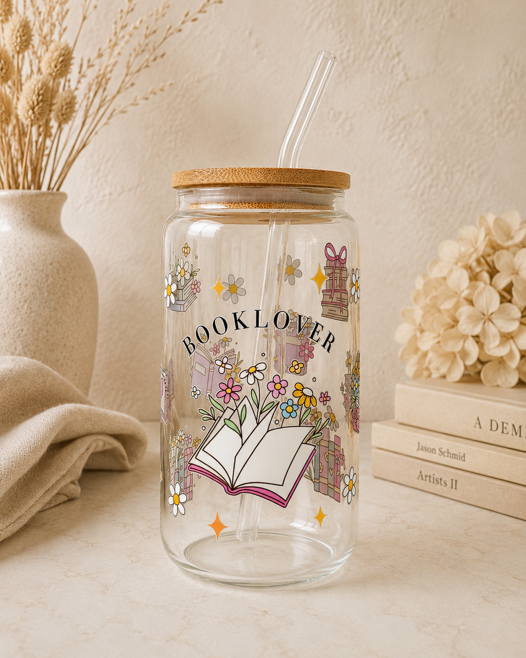 Booklover Glass Tumbler double side print – 4-Piece Set