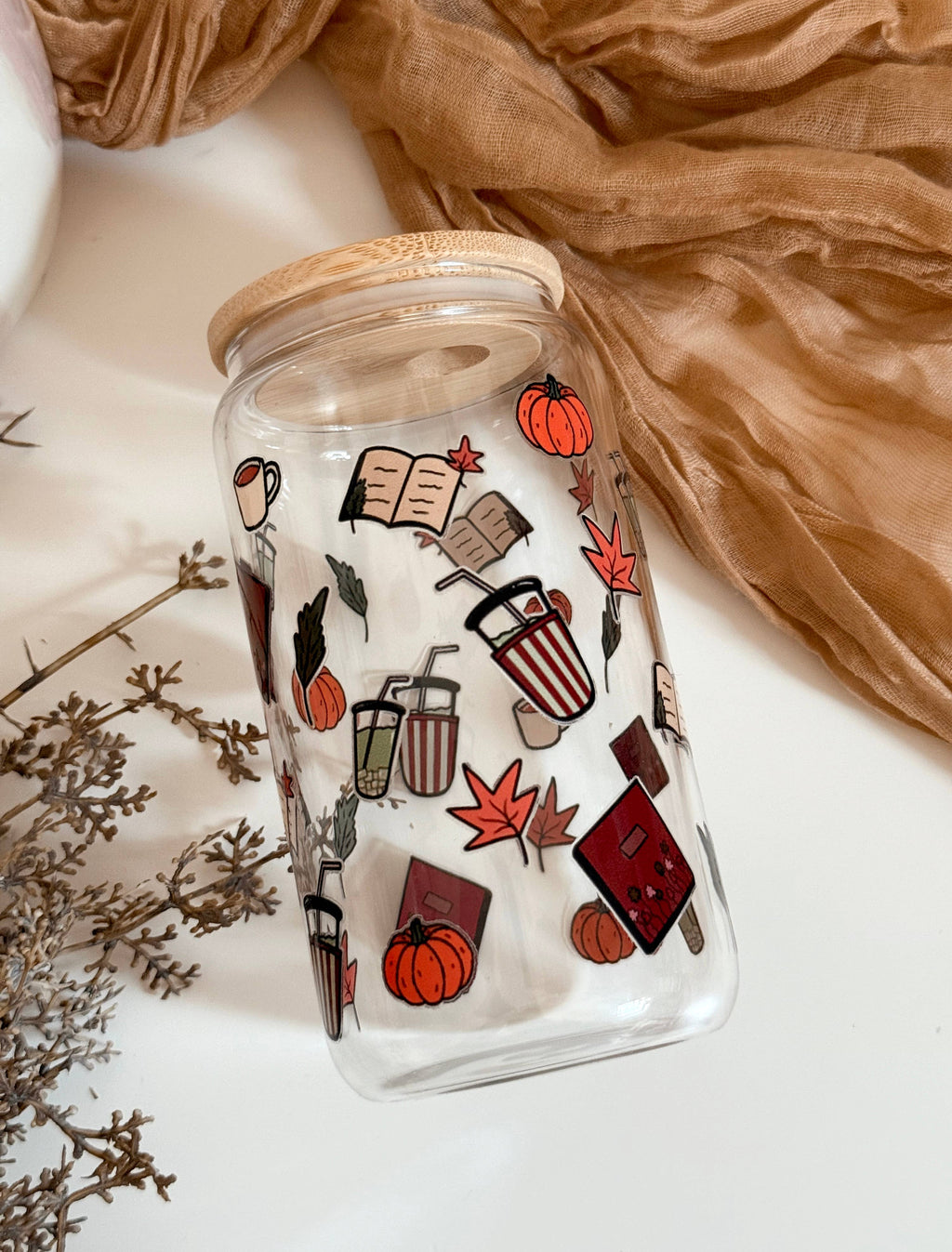 Pumpkins, Cozy Books Glass Tumbler Double Side + Lid & Straw