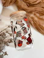 Pumpkins, Cozy Books Glass Tumbler Double Side + Lid & Straw