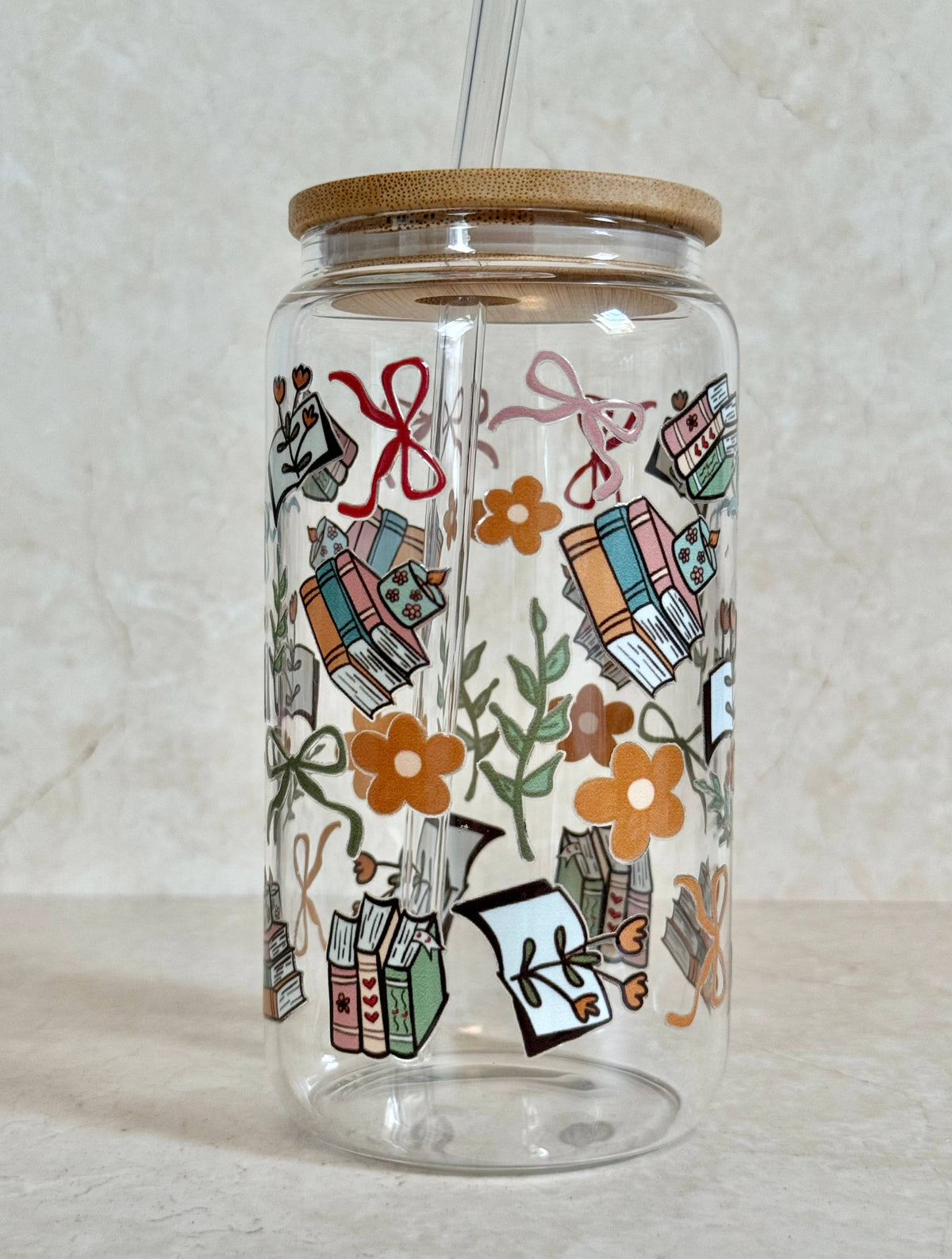 Glass Tumbler Books, Flowers and Bows Double Sided Printed 5