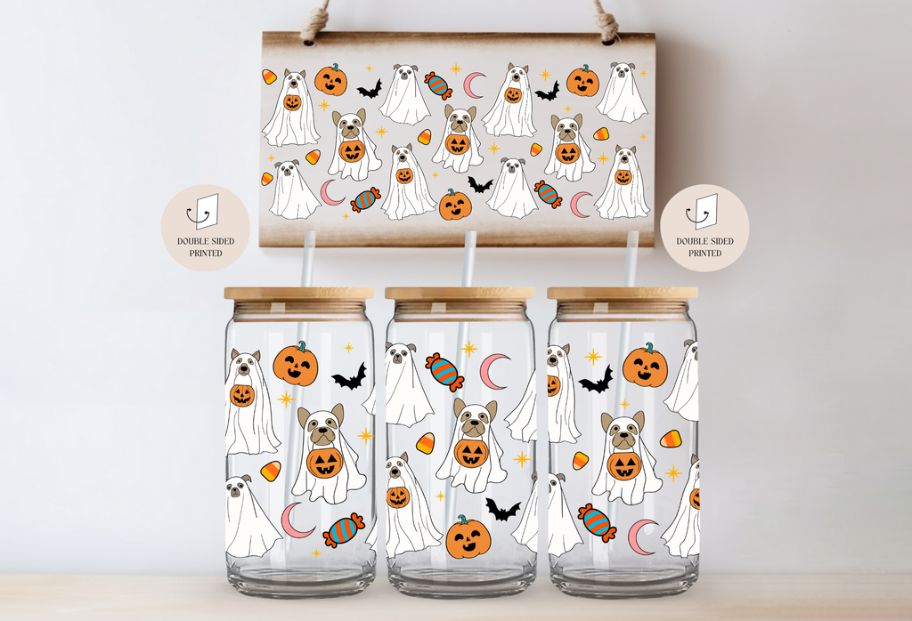 Dog Ghosts Fall Glass Tumbler Double Sided + Lid & Straw 5
