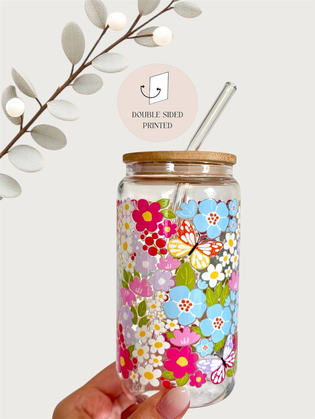 Colorful Garden Glass Tumbler With Bamboo Lid & Glass Straw 2