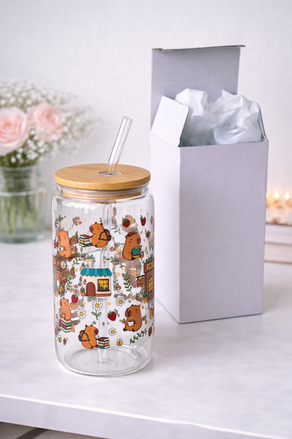 Capybara Bookstore Double Sided Glass Can with Lid and Straw 2