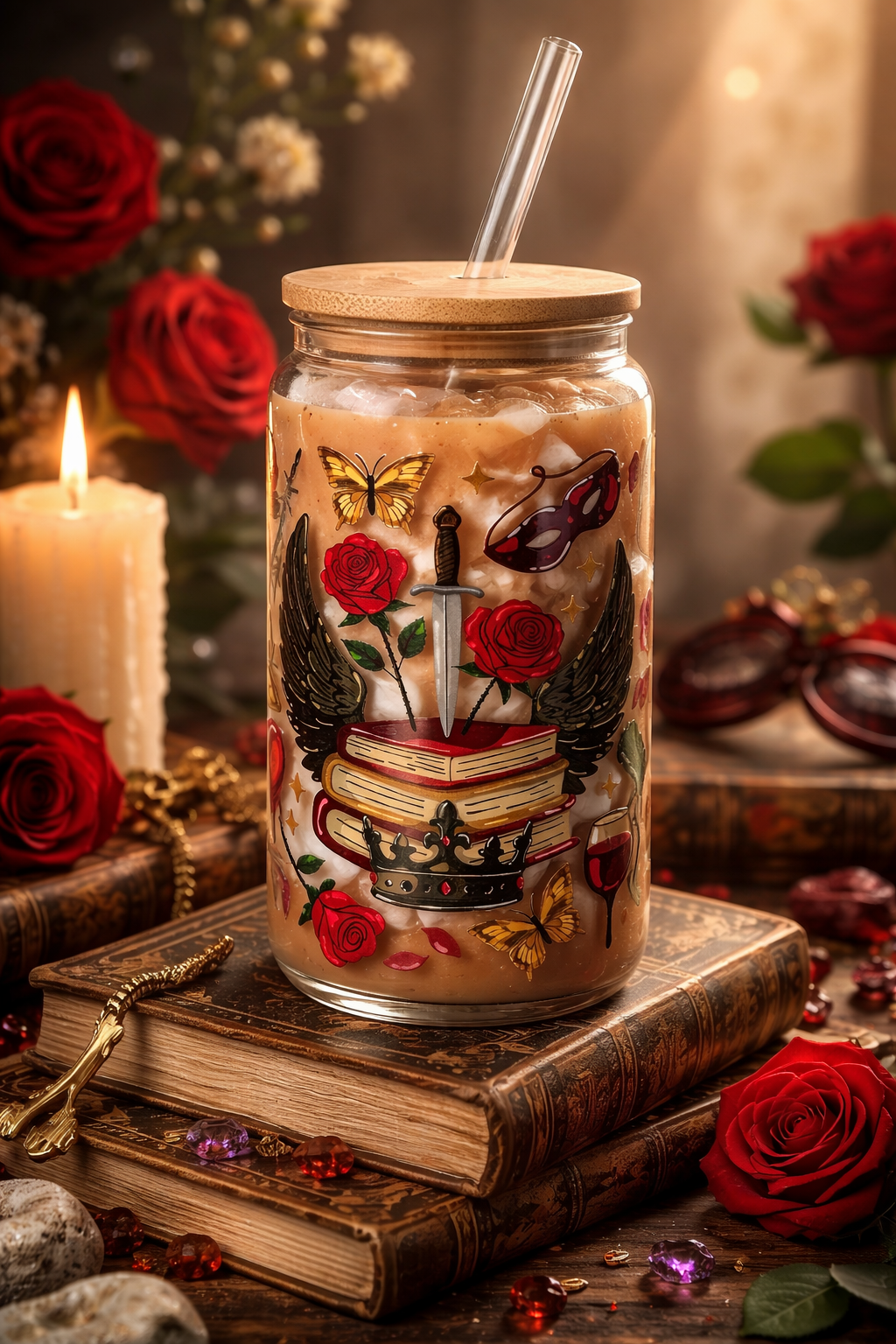 Dark Romance Books Double Sided Glass Cup + Lid & Straw 2