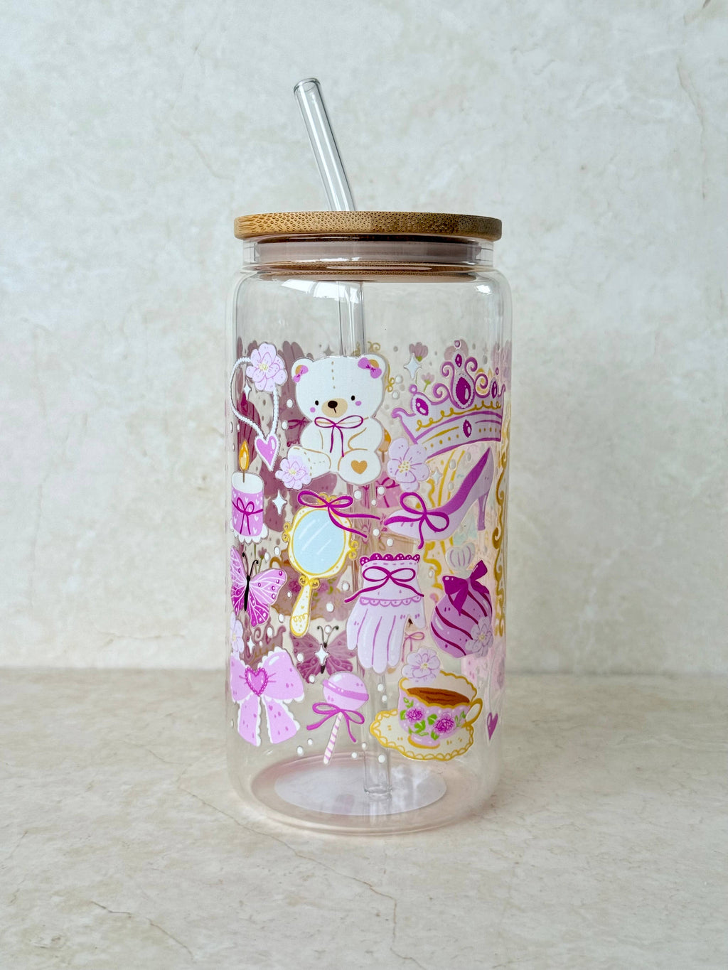 Princess Castle Double Sided Glass Tumbler + Lid & Straw 4