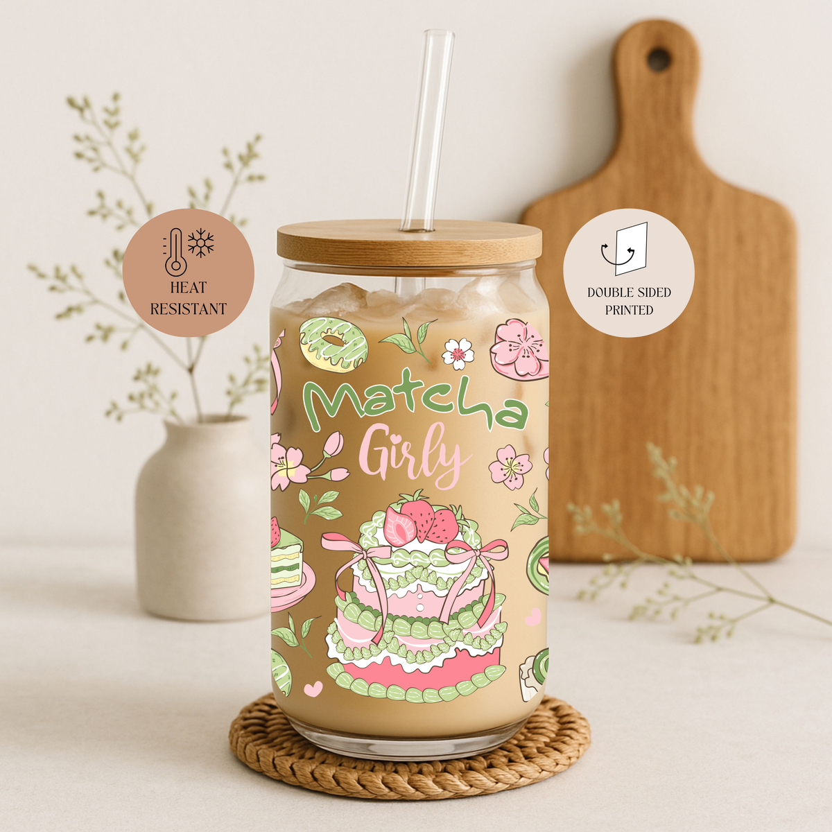 Matcha Girly 2 Double Sided Glass Tumbler with Lid and Straw