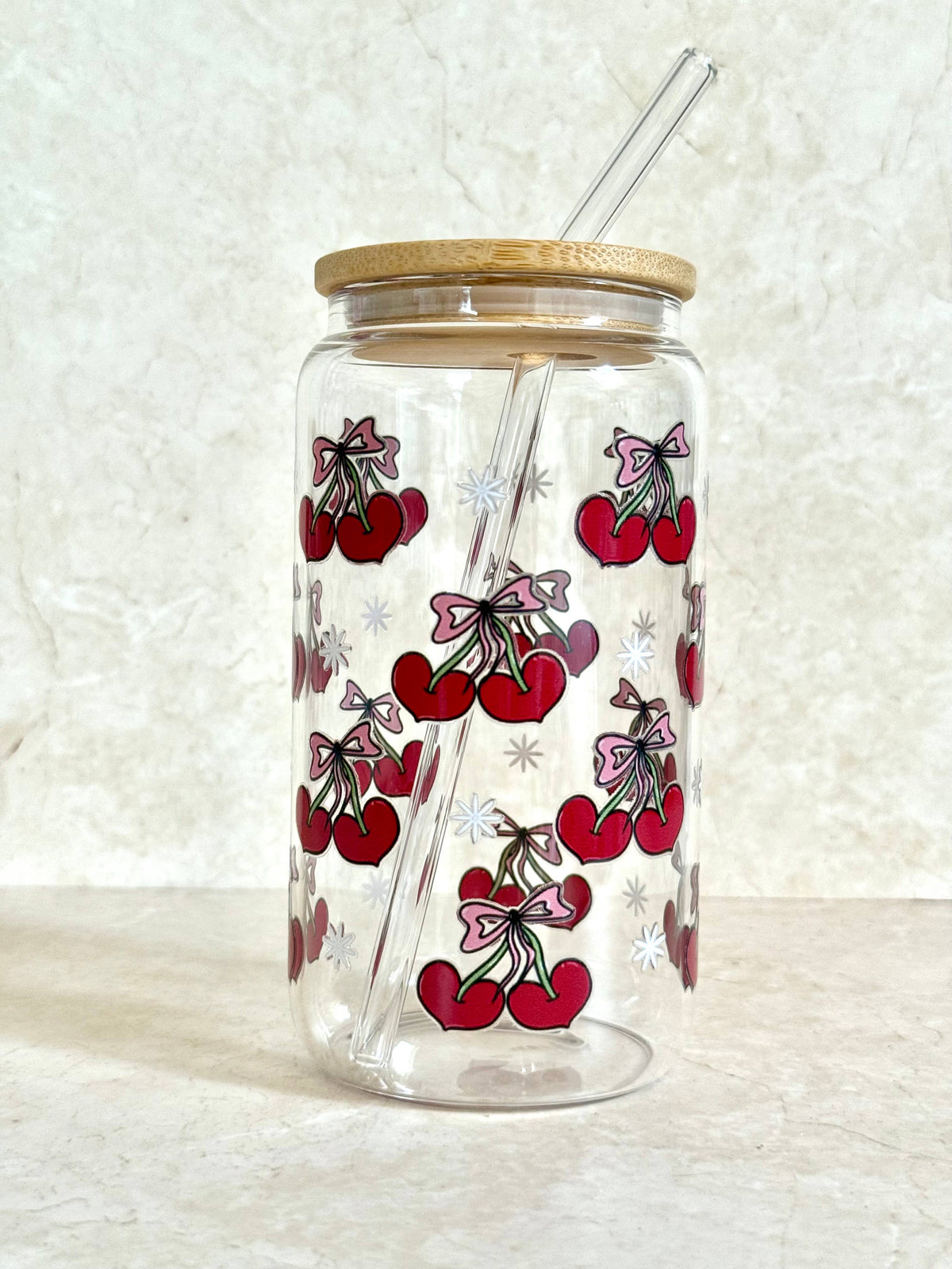 Cherry Bows Glass Tumbler double sided with lid and straw 4