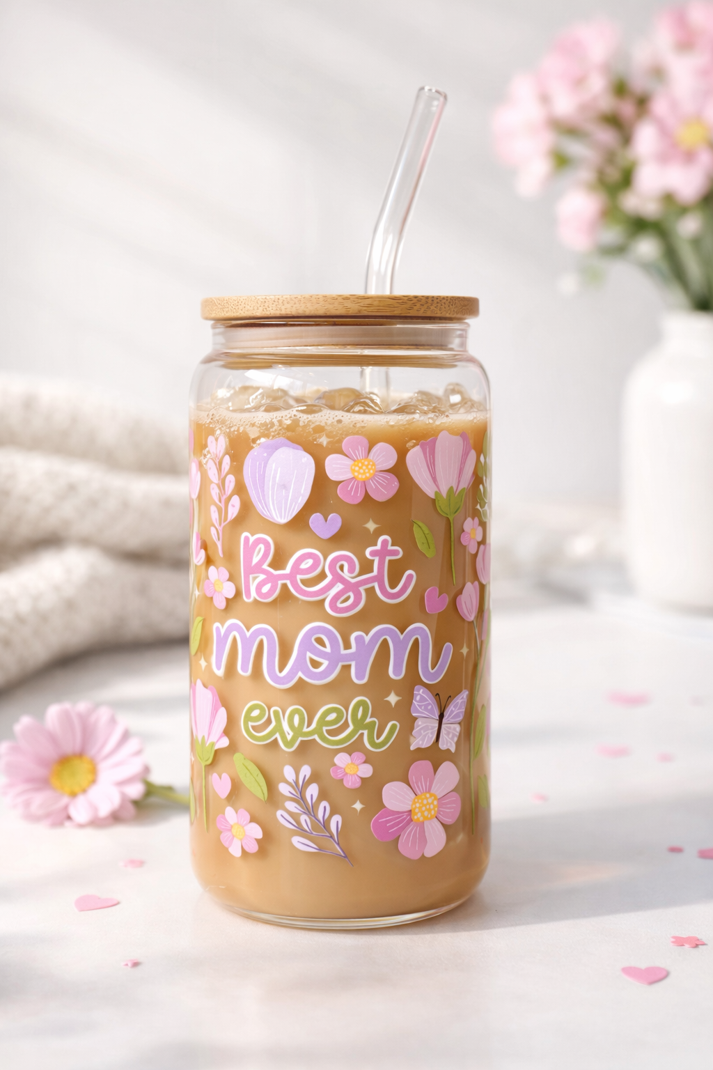 Best Mom Ever Floral Double Sided Glass Tumbler + Lid & Sraw