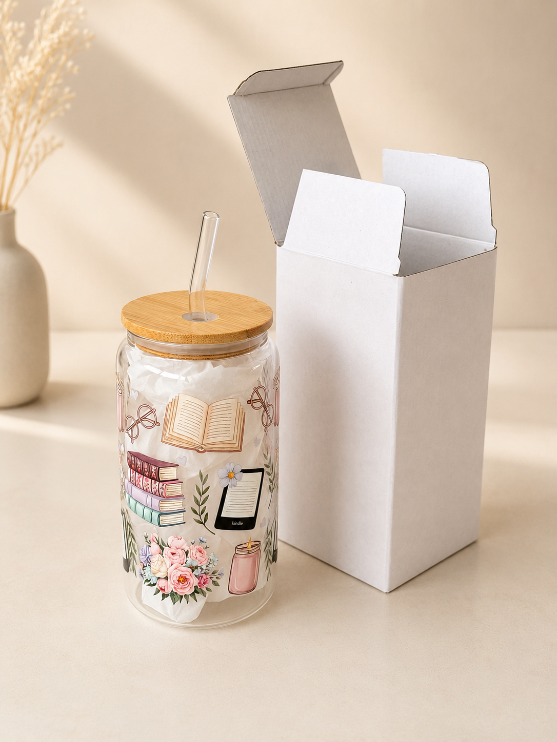 Bookish Floral Kindle Double Sided Glass Cup + Lid & Straw 2