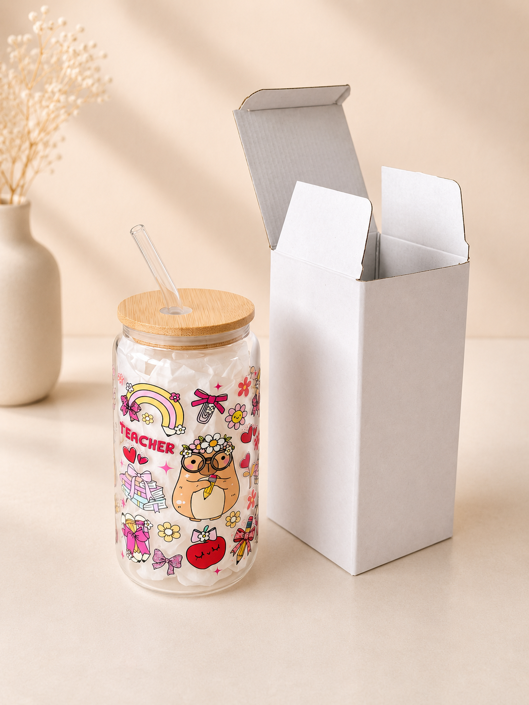 Capybara Teacher Double Sided Glass Tumbler + Lid and Straw 2