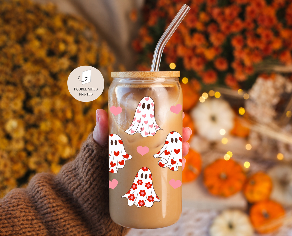 Loving Ghosts Fall Glass Tumbler Double Sided + Lid & Straw