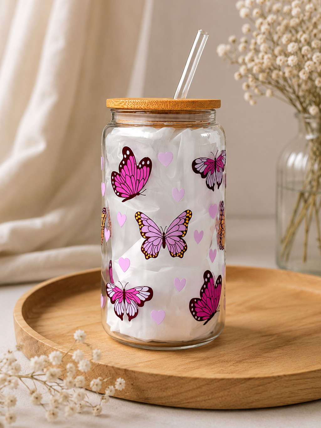 Beauty Butterflies Double Sided Glass Tumbler + Lid & Straw 2