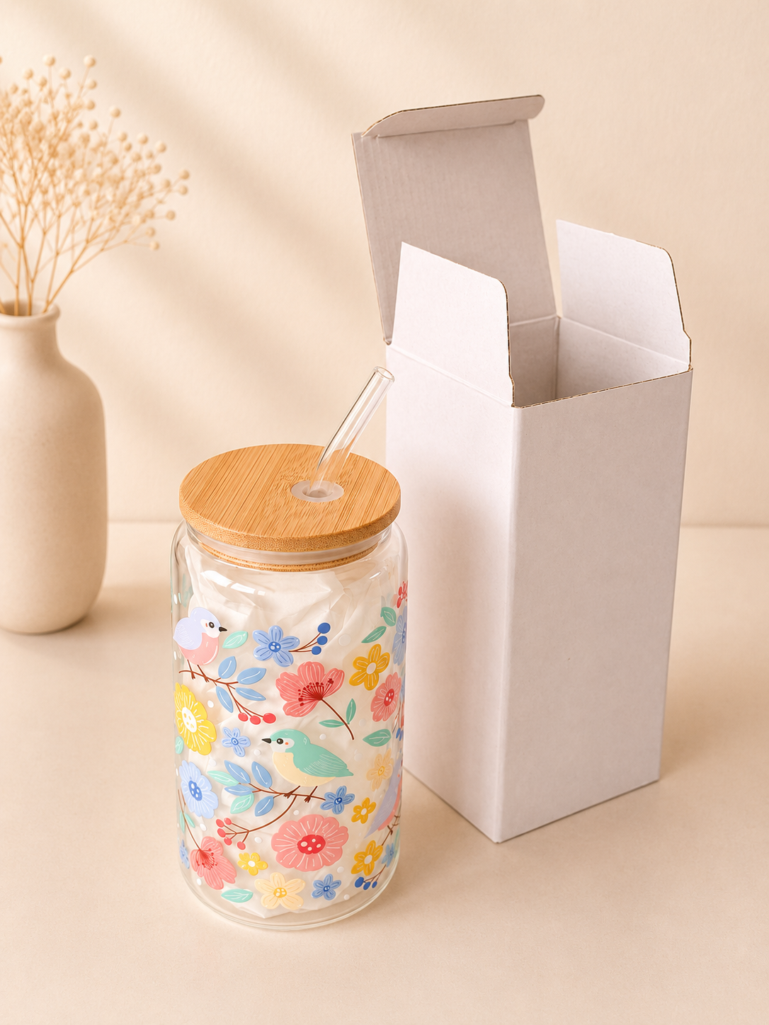 Mint Birds Double Sided Glass Tumbler with Lid and Straw 2