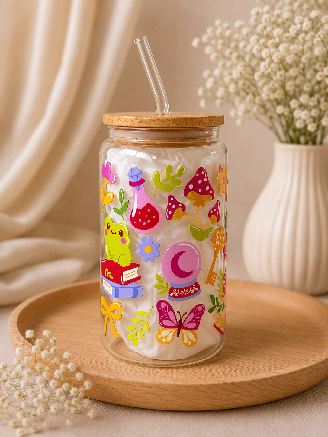 Fairy Garden Double Sided Glass Tumbler with Lid and Straw 2