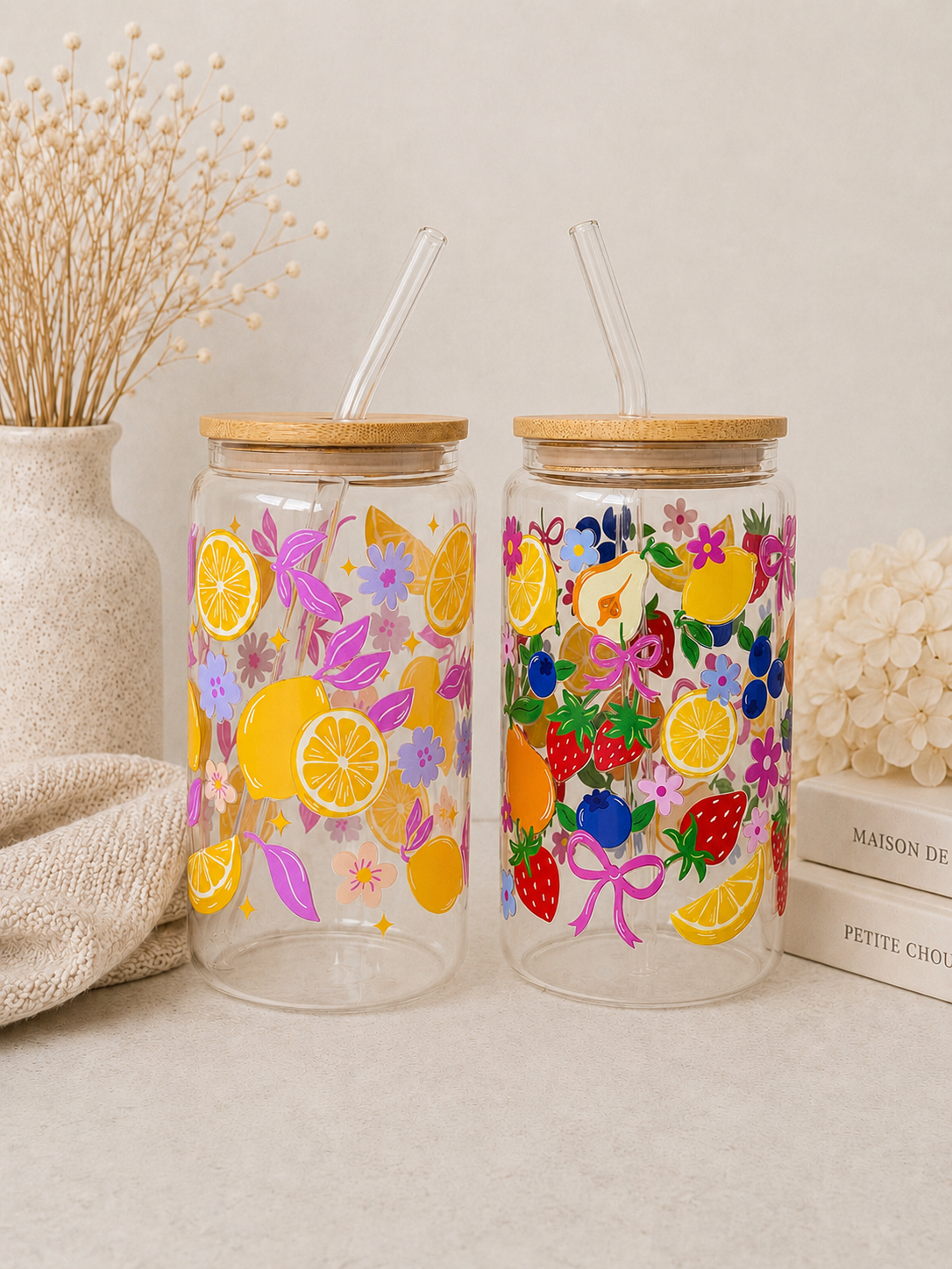 Fruity Summer Double Side Print Glass Tumbler + Lid & Straw