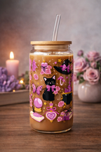 Witchy Cat Glass Tumbler Double Sided Print with Lid and Straw