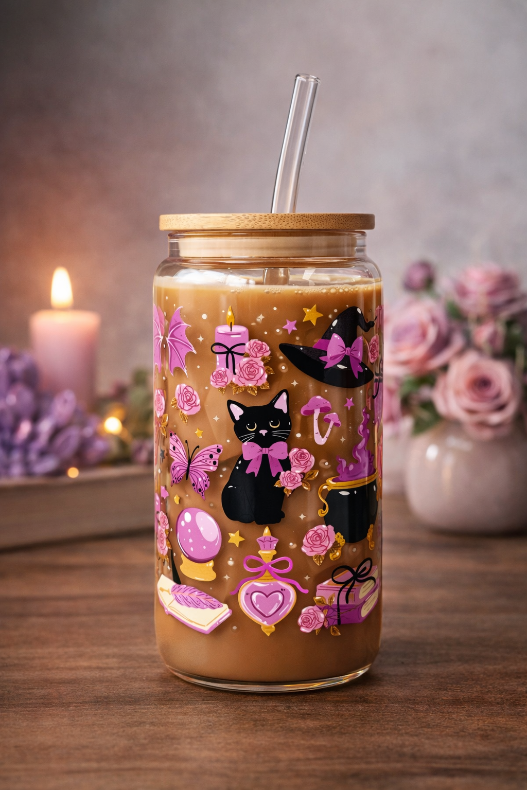Witchy Cat Glass Tumbler Double Sided Print with Lid and Straw