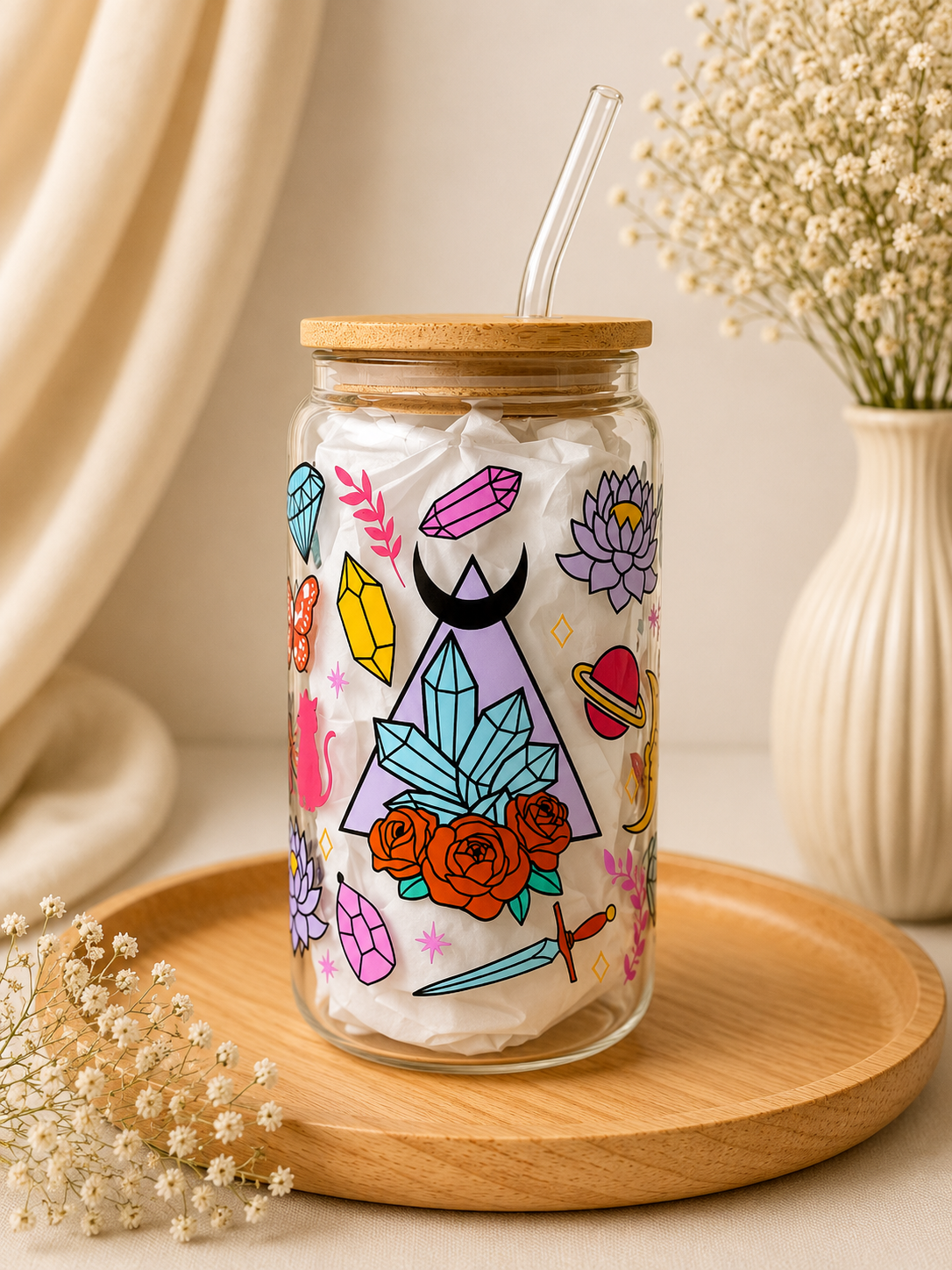 Mistic Double Sided Glass Tumbler with Lid and Straw