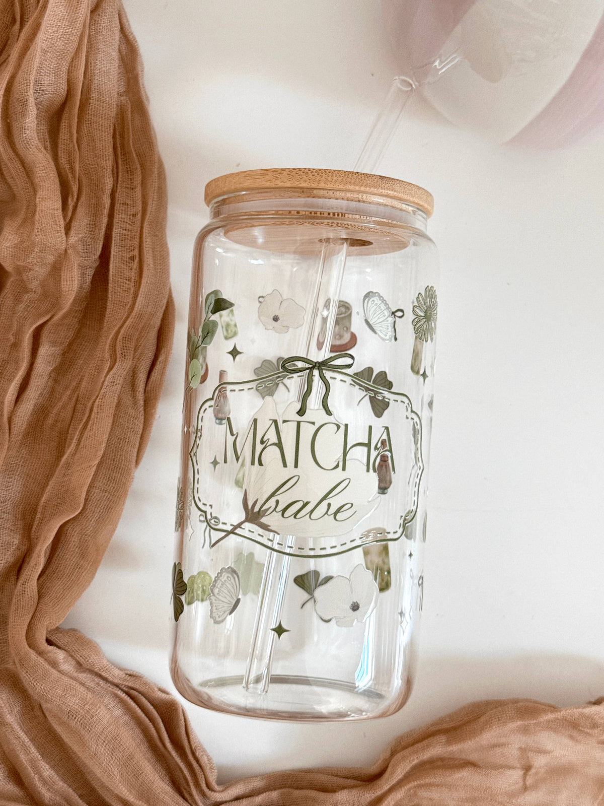 Lux Matcha Babe Glass Tumbler Double Sided & Lid and Straw 9