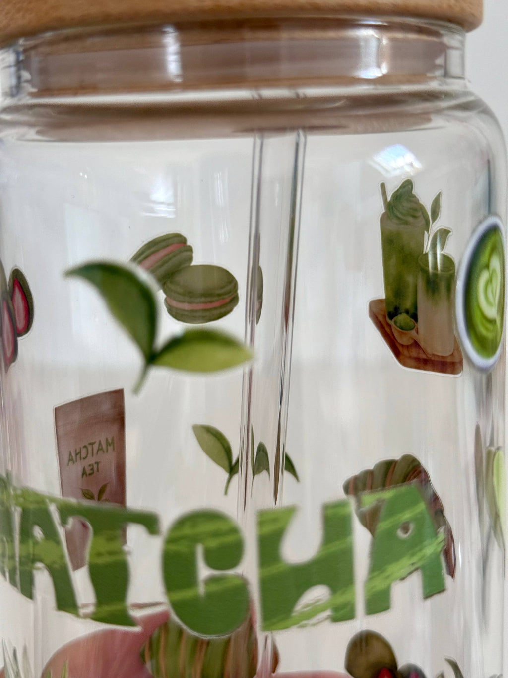 Matcha Glass Tumbler Double Sided Print with Lid and Straw 8