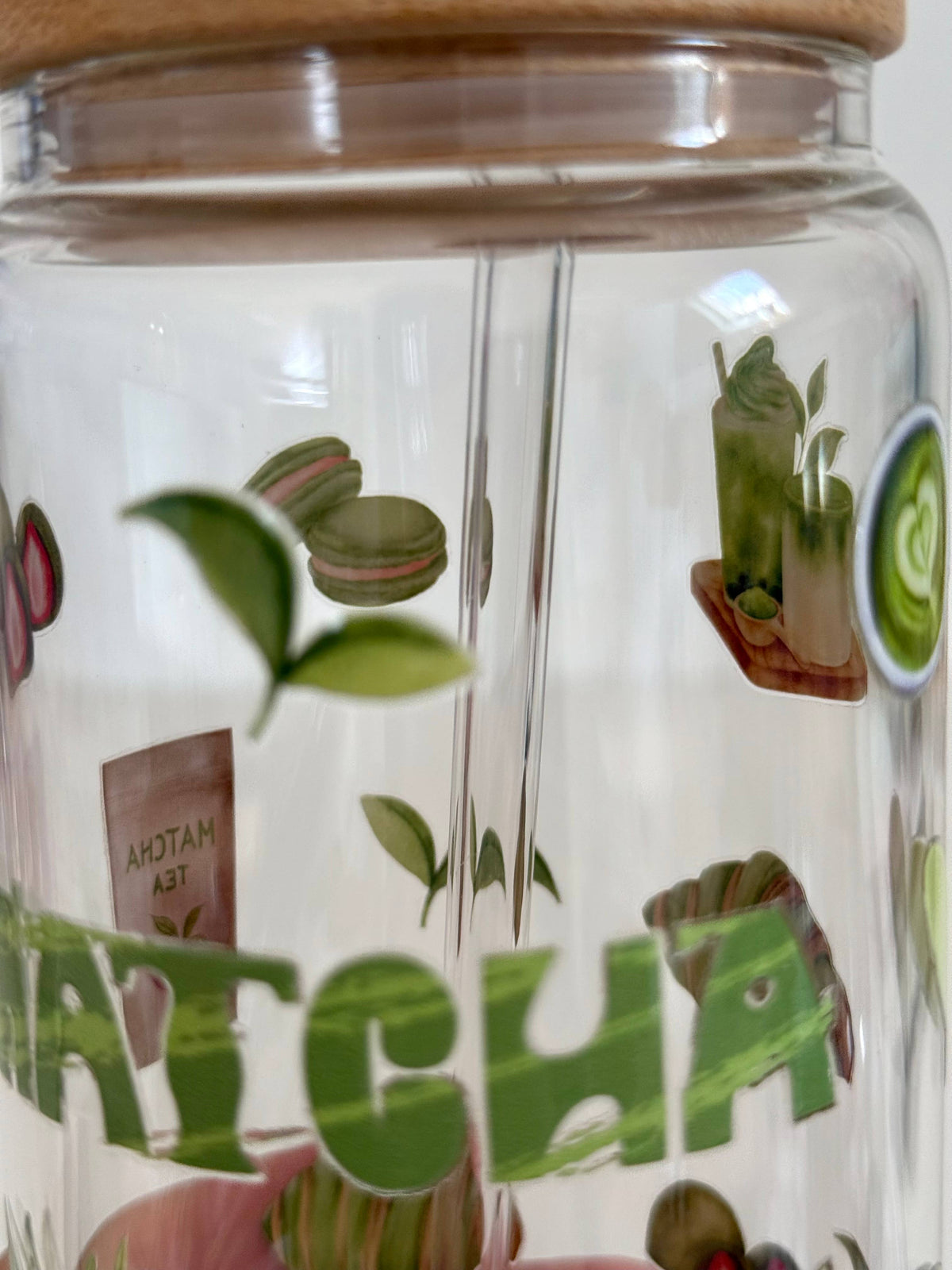 Matcha Glass Tumbler Double Sided Print with Lid and Straw 8