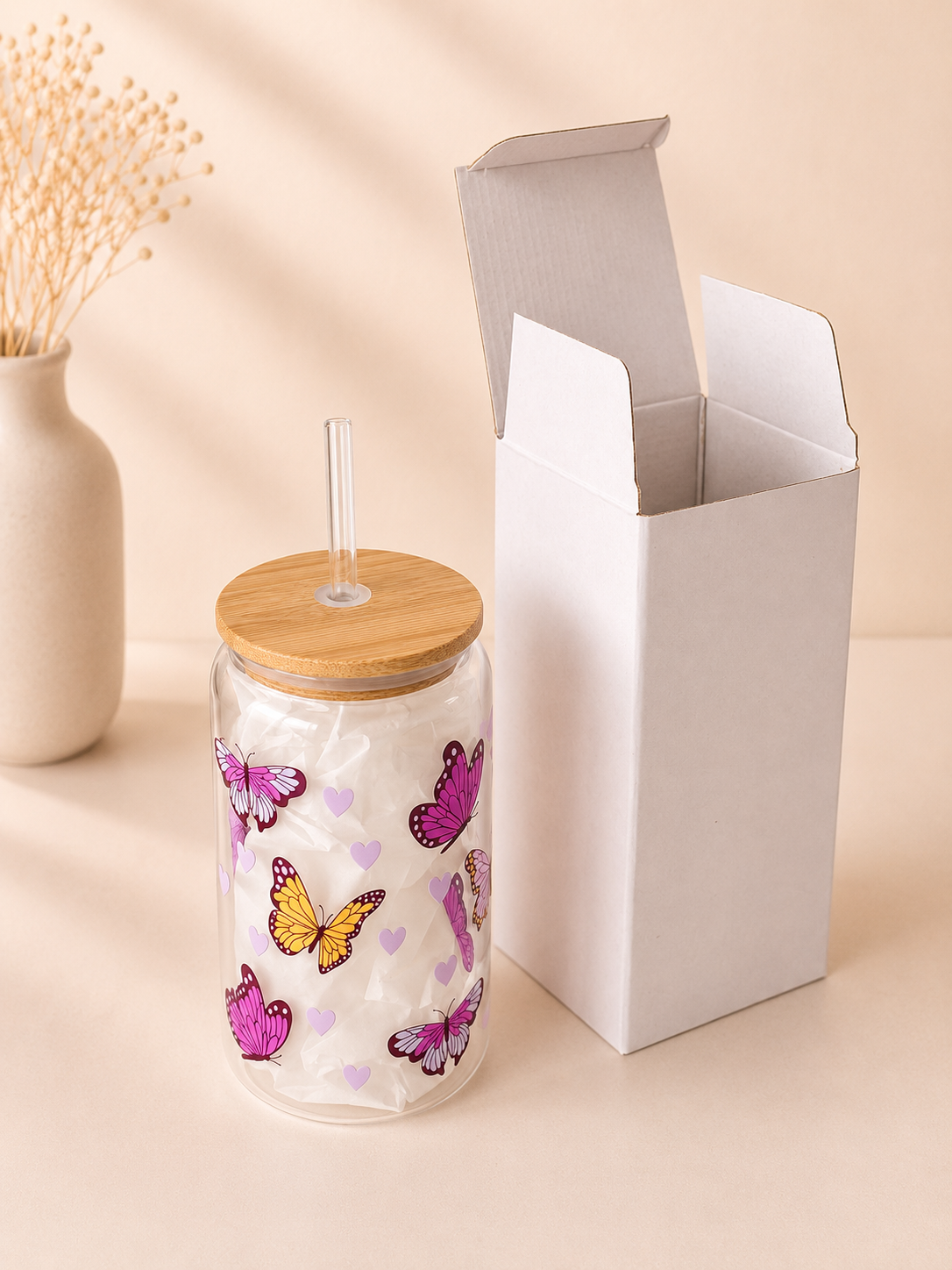 Beauty Butterflies Double Sided Glass Tumbler + Lid & Straw 3