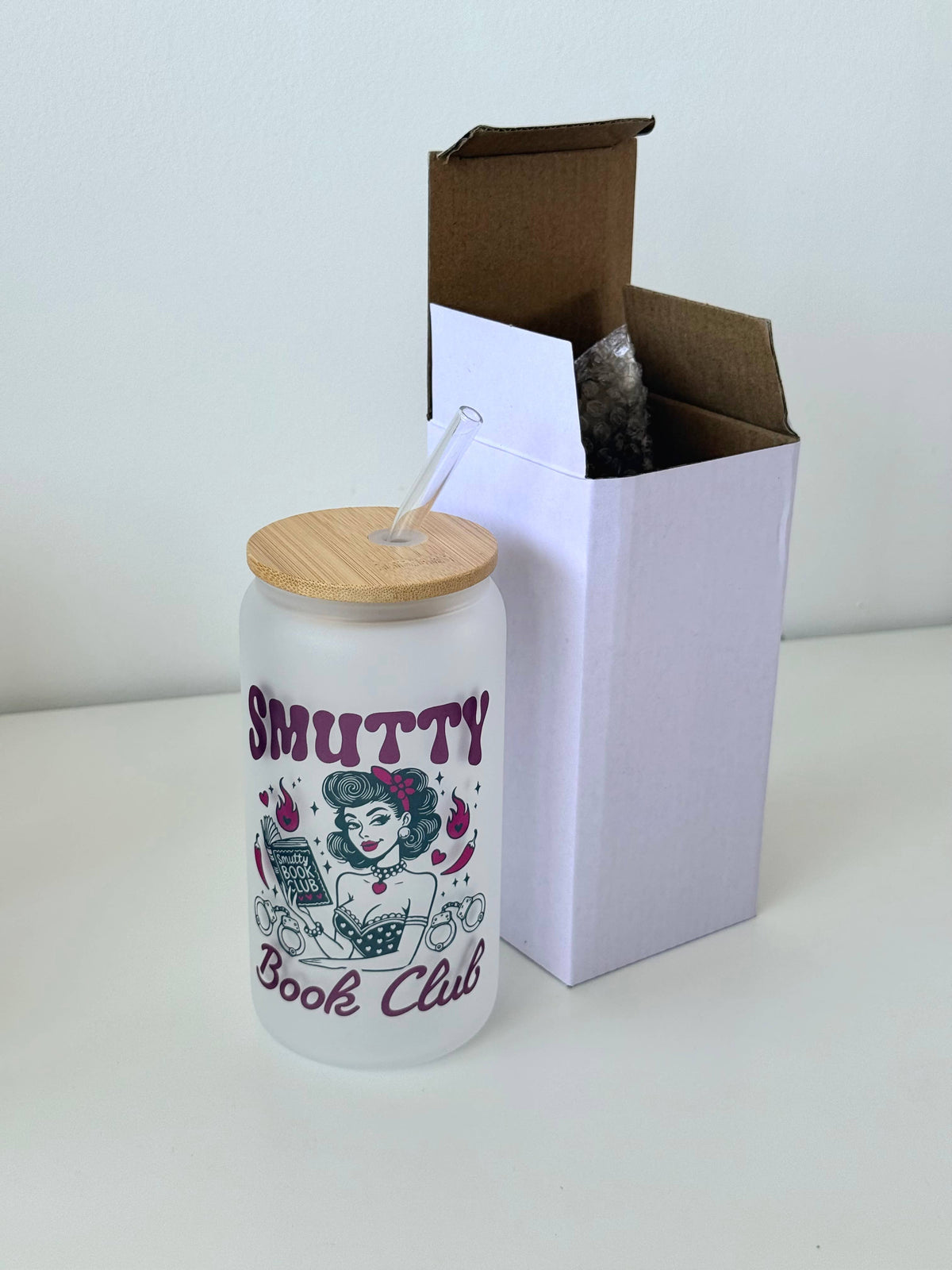 Smutty Book Club Frosted Glass Cup Dish.Safe + Lid & Straw 3