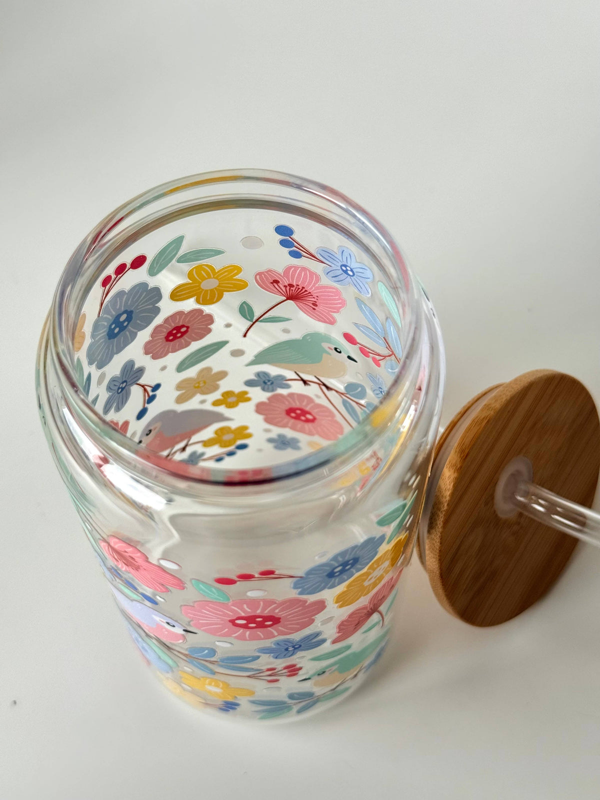 Mint Birds Double Sided Glass Tumbler with Lid and Straw 3