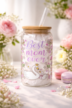 Best Mom Ever Double Sided Glass Tumbler with Lid and Straw