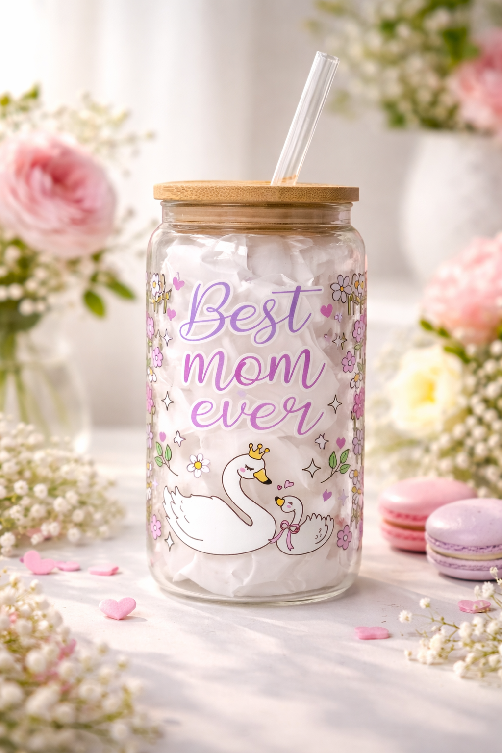 Best Mom Ever Double Sided Glass Tumbler with Lid and Straw