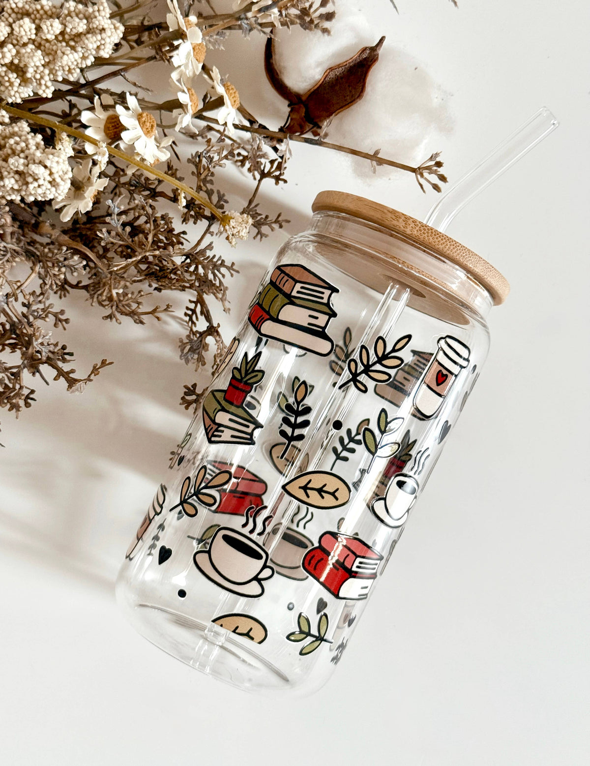 Books & Coffee Glass Tumbler Double Sided Print with Lid and Straw