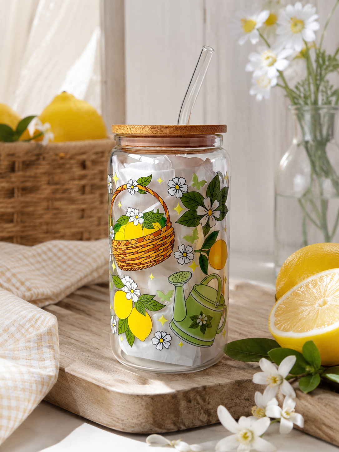 Lemon Garden Double Sided Glass Tumbler with Lid and Straw
