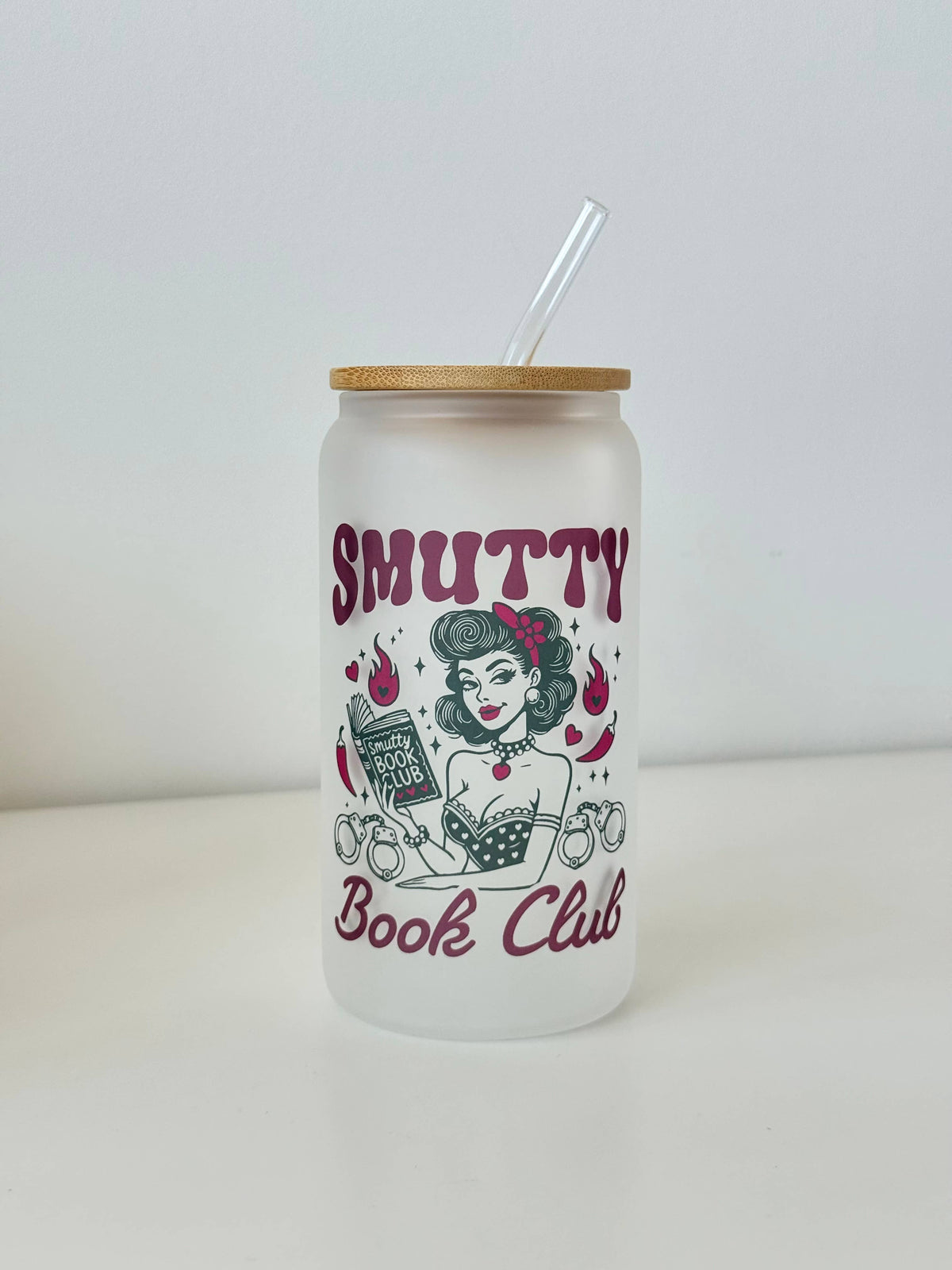 Smutty Book Club Frosted Glass Cup Dish.Safe + Lid & Straw 2