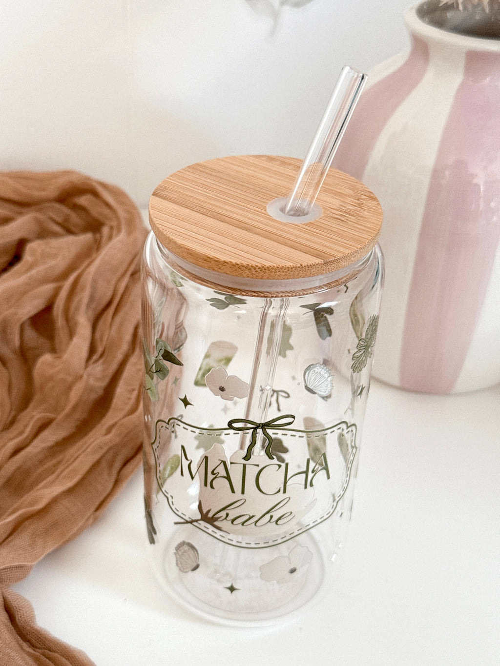 Lux Matcha Babe Glass Tumbler Double Sided & Lid and Straw 3