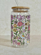 Flowers Outlined Glass Tumbler with Bamboo Lid & Glass Straw 3