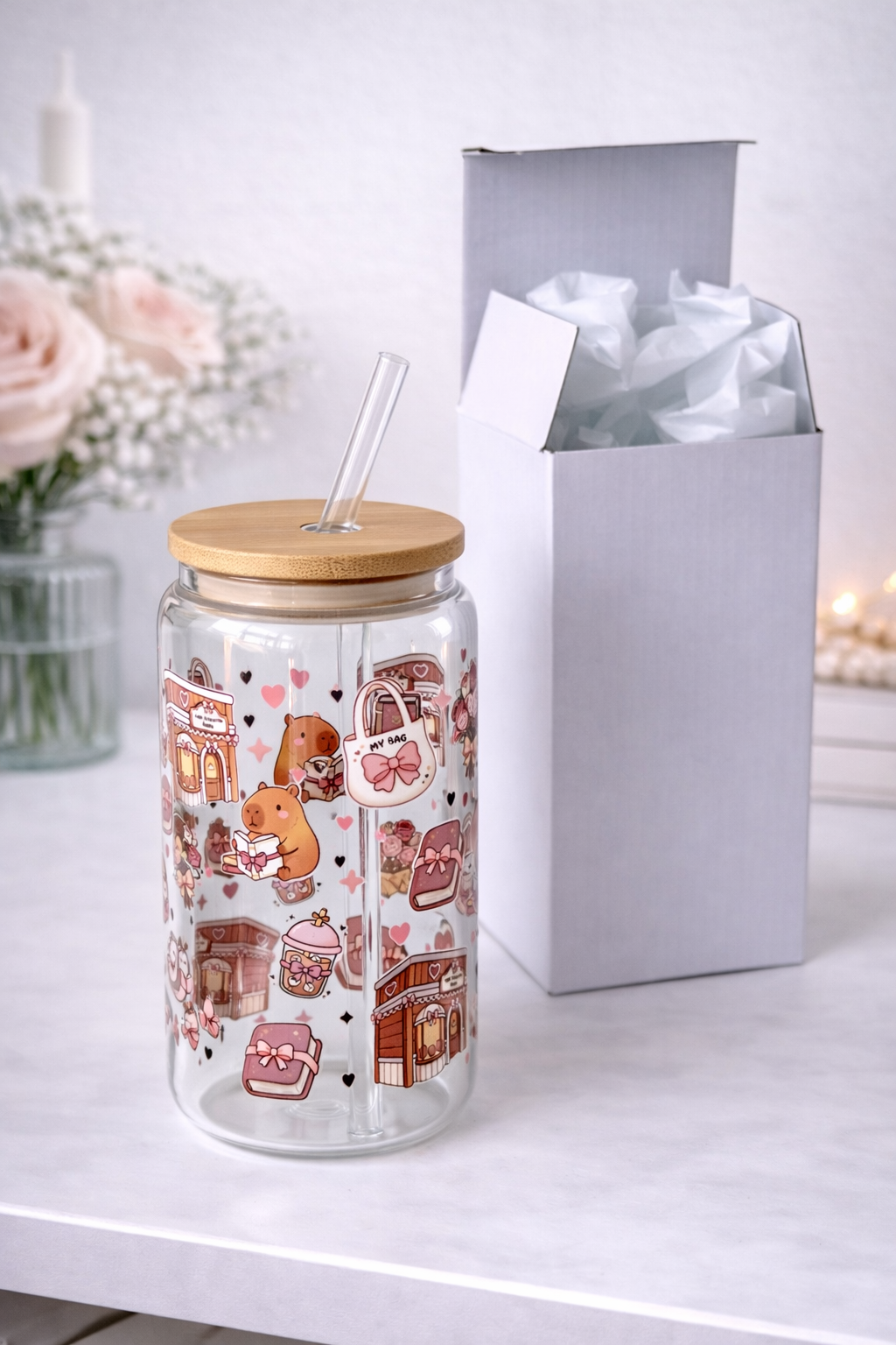 Charming Capybara Double Sided Glass Tumbler + Lid & Straw 2